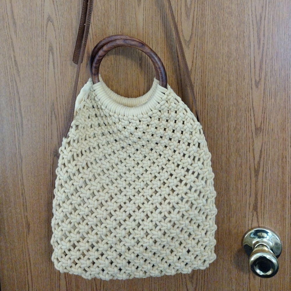 Sigrid Olsen Macrame Embossed Textured Faux Leather Wood Rings Crossbody